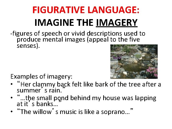 FIGURATIVE LANGUAGE: IMAGINE THE IMAGERY -figures of speech or vivid descriptions used to produce