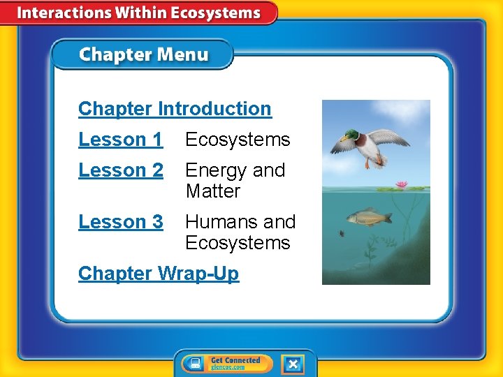 Chapter Introduction Lesson 1 Ecosystems Lesson 2 Energy and Matter Lesson 3 Humans and
