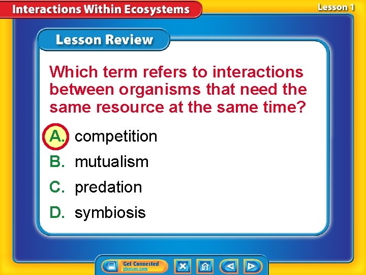 Which term refers to interactions between organisms that need the same resource at the