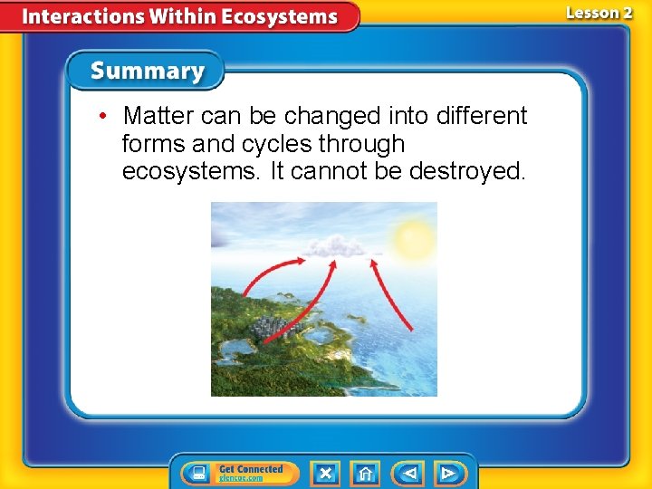  • Matter can be changed into different forms and cycles through ecosystems. It