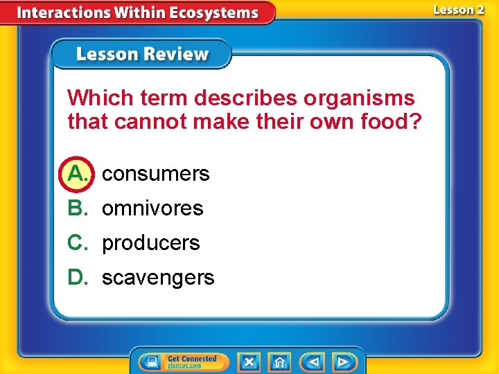 Which term describes organisms that cannot make their own food? A. consumers B. omnivores