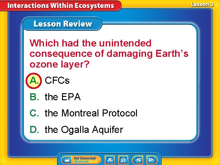 Which had the unintended consequence of damaging Earth’s ozone layer? A. CFCs B. the