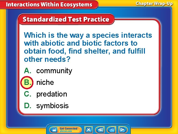Which is the way a species interacts with abiotic and biotic factors to obtain