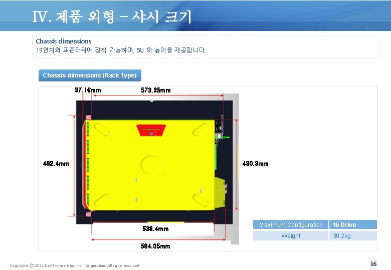 IV. 제품 외형 – 샤시 크기 Chassis dimensions 19인치의 표준타워에 장착 가능하며, 5 U