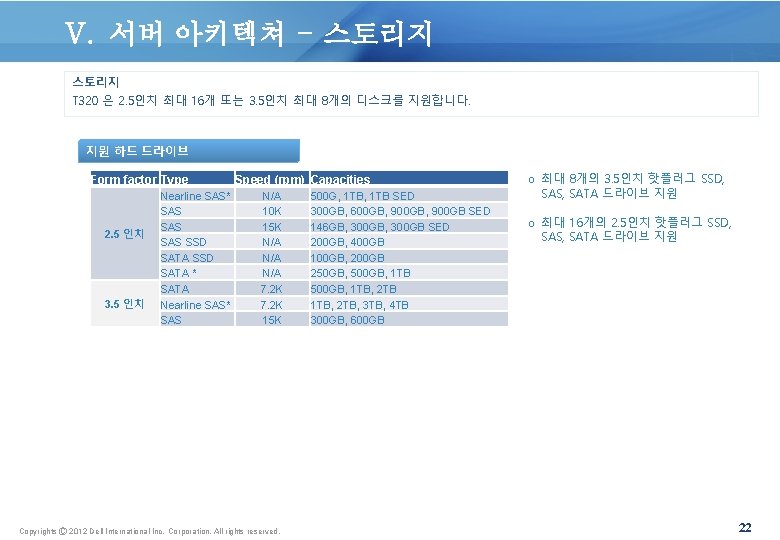 V. 서버 아키텍쳐 - 스토리지 T 320 은 2. 5인치 최대 16개 또는 3.