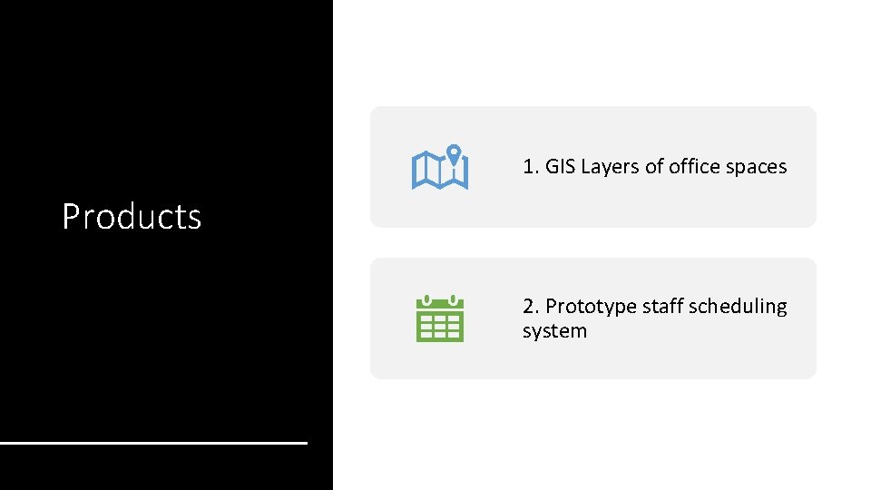 1. GIS Layers of office spaces Products 2. Prototype staff scheduling system 