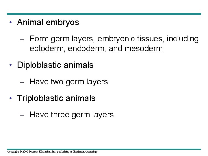  • Animal embryos – Form germ layers, embryonic tissues, including ectoderm, endoderm, and