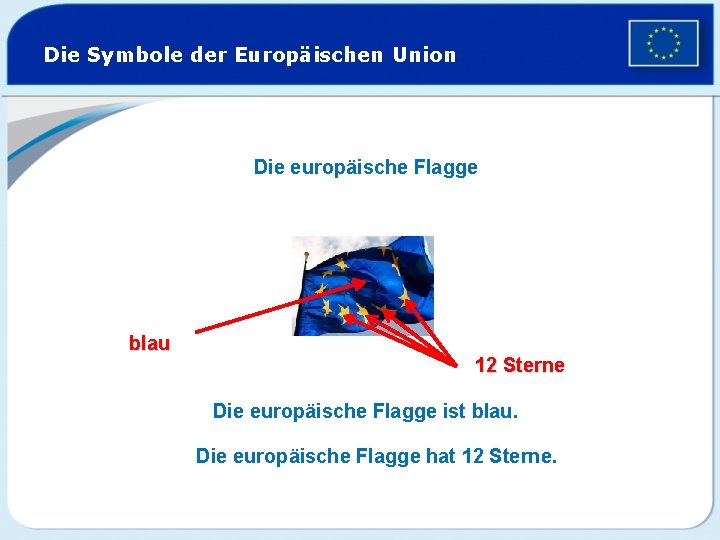 Die Symbole der Europäischen Union Die europäische Flagge blau 12 Sterne Die europäische Flagge