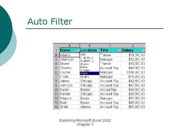 Auto Filter Exploring Microsoft Excel 2002 Chapter 7 