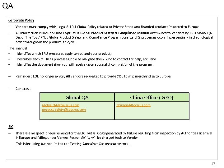 QA Corporate Policy – Vendors must comply with Legal & TRU Global Policy related