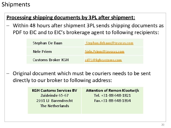 Shipments Processing shipping documents by 3 PL after shipment: – Within 48 hours after