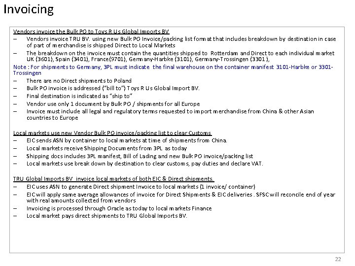 Invoicing Vendors invoice the Bulk PO to Toys R Us Global Imports BV –