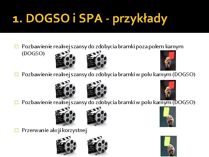 1. DOGSO i SPA - przykłady � Pozbawienie realnej szansy do zdobycia bramki poza