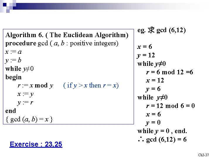 Algorithm 6. ( The Euclidean Algorithm) procedure gcd ( a, b : positive integers)