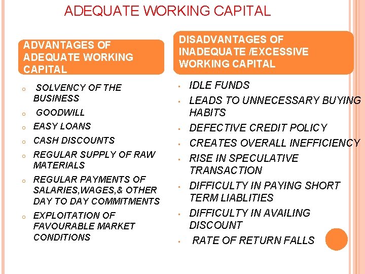 ADEQUATE WORKING CAPITAL ADVANTAGES OF ADEQUATE WORKING CAPITAL o SOLVENCY OF THE BUSINESS ADVANTAGES