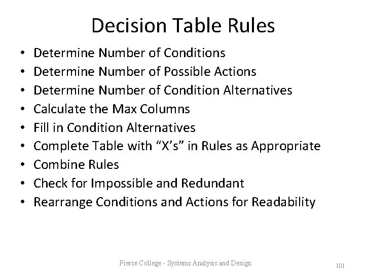 Decision Table Rules • • • Determine Number of Conditions Determine Number of Possible