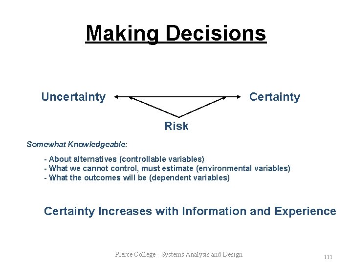 Making Decisions Uncertainty Certainty Risk Somewhat Knowledgeable: - About alternatives (controllable variables) - What