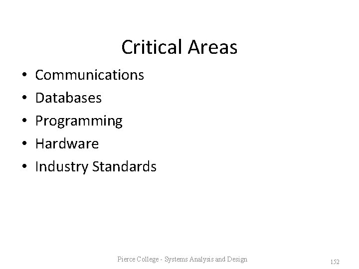 Critical Areas • • • Communications Databases Programming Hardware Industry Standards Pierce College -
