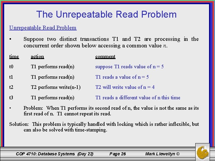 The Unrepeatable Read Problem • Suppose two distinct transactions T 1 and T 2