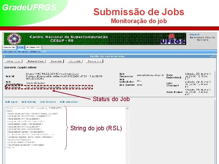Grade. UFRGS Submissão de Jobs Monitoração do job Status do Job String do job