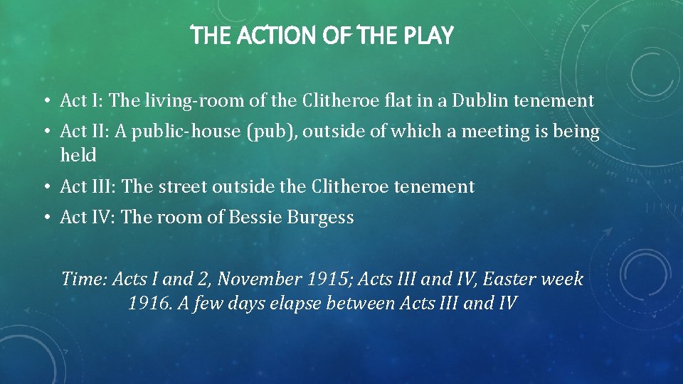 THE ACTION OF THE PLAY • Act I: The living-room of the Clitheroe flat THE ACTION OF THE PLAY • Act I: The living-room of the Clitheroe flat