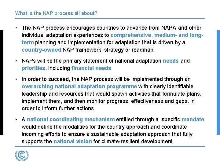 What is the NAP process all about? • The NAP process encourages countries to