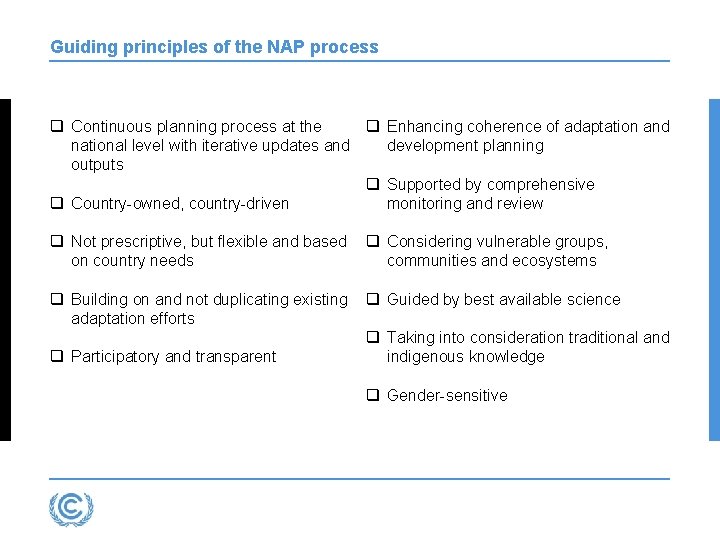 Guiding principles of the NAP process q Continuous planning process at the q Enhancing