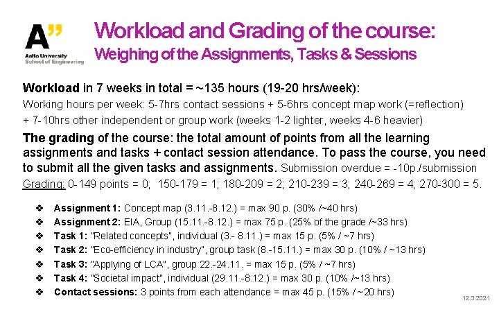 Workload and Grading of the course: Weighing of the Assignments, Tasks & Sessions Workload Workload and Grading of the course: Weighing of the Assignments, Tasks & Sessions Workload