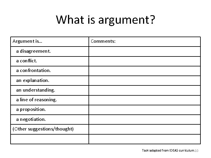 What is argument? Argument is… Comments: a disagreement. a conflict. a confrontation. an explanation.