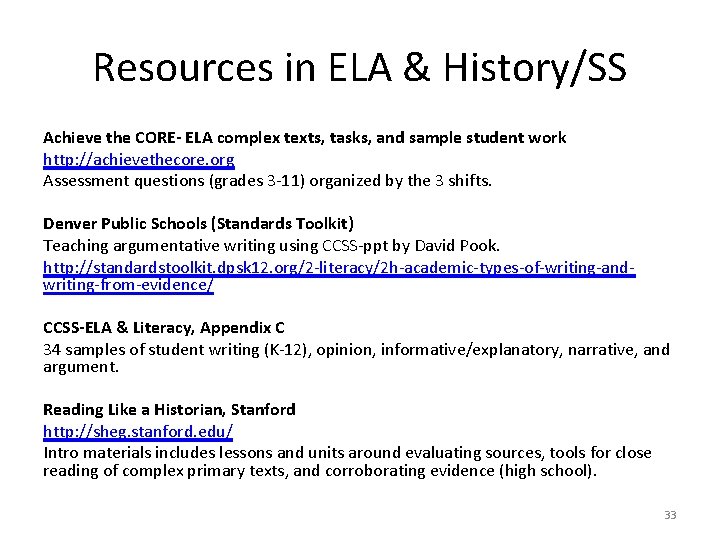 Resources in ELA & History/SS Achieve the CORE- ELA complex texts, tasks, and sample