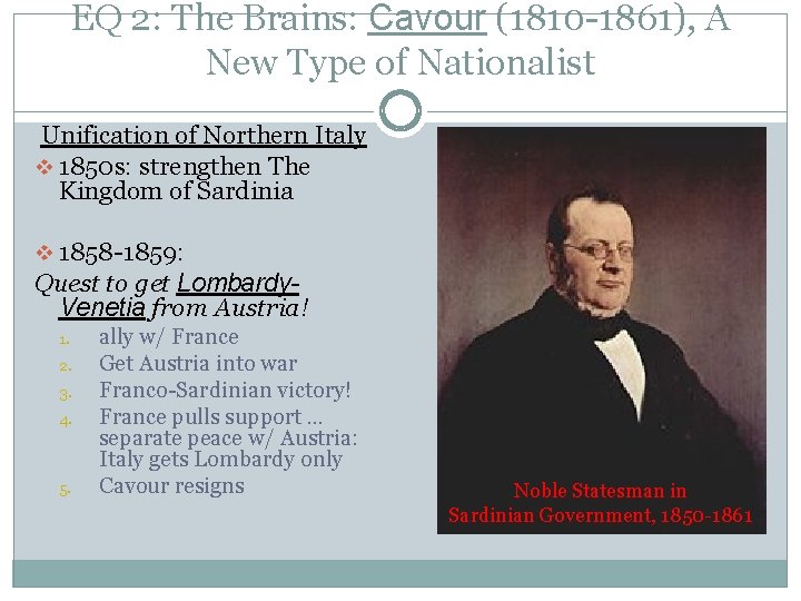 EQ 2: The Brains: Cavour (1810 -1861), A New Type of Nationalist Unification of