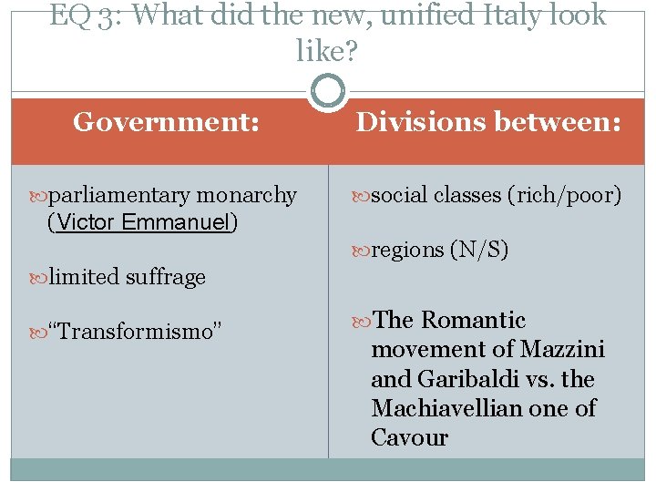 EQ 3: What did the new, unified Italy look like? Government: Divisions between: parliamentary