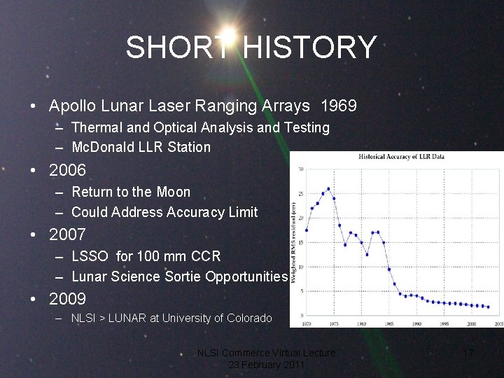 SHORT HISTORY • Apollo Lunar Laser Ranging Arrays 1969 – Thermal and Optical Analysis