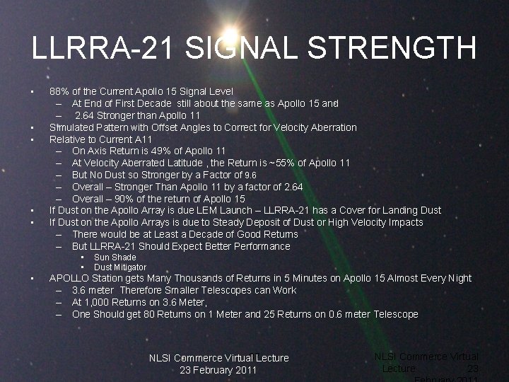 LLRRA-21 SIGNAL STRENGTH • • • 88% of the Current Apollo 15 Signal Level
