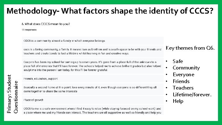 Methodology– What factors shape the identity of CCCS? Primary: Student Questionnaire Key themes from