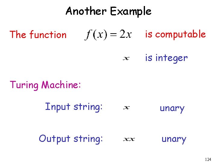 Another Example The function is computable is integer Turing Machine: Input string: unary Output