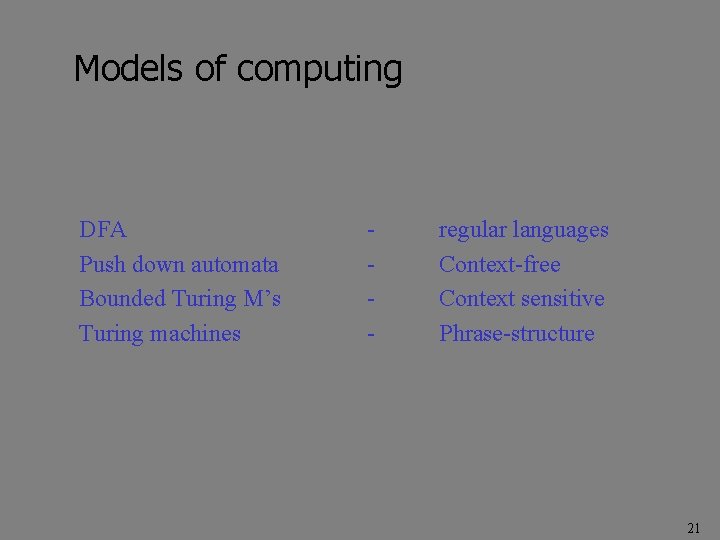 Models of computing DFA Push down automata Bounded Turing M’s Turing machines - regular