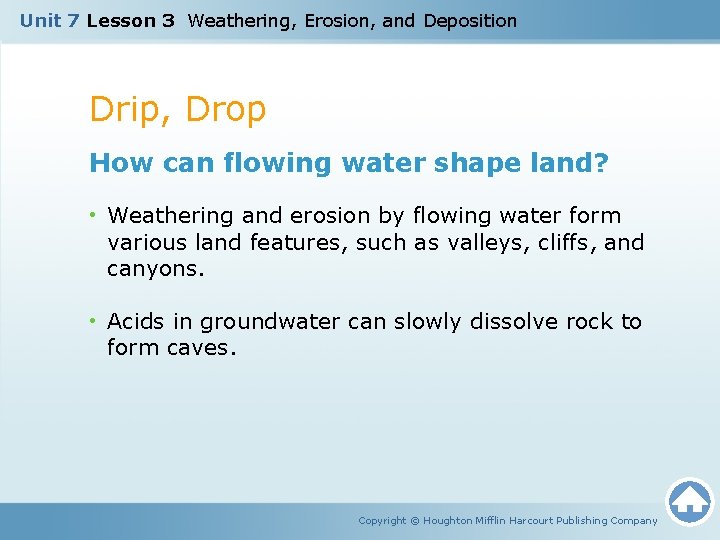 Unit 7 Lesson 3 Weathering, Erosion, and Deposition Drip, Drop How can flowing water