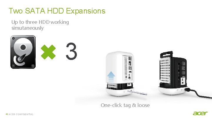 Two SATA HDD Expansions Up to three HDD working simutaneously 3 One-click tag &