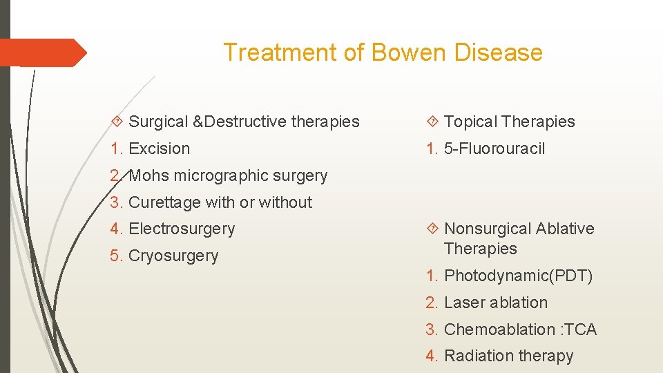 Treatment of Bowen Disease Surgical &Destructive therapies Topical Therapies 1. Excision 1. 5 -Fluorouracil
