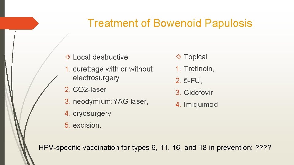 Treatment of Bowenoid Papulosis Local destructive Topical 1. curettage with or without electrosurgery 1.