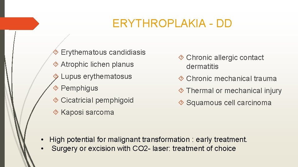 ERYTHROPLAKIA - DD Erythematous candidiasis Atrophic lichen planus Chronic allergic contact dermatitis Lupus erythematosus