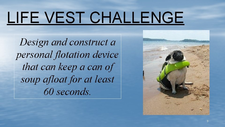 LIFE VEST CHALLENGE Design and construct a personal flotation device that can keep a