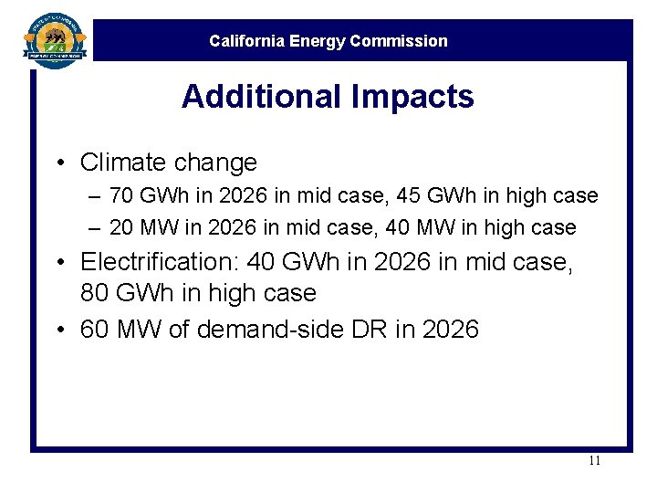 California Energy Commission Additional Impacts • Climate change – 70 GWh in 2026 in