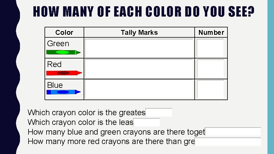 HOW MANY OF EACH COLOR DO YOU SEE? Color Tally Marks Number Green Red