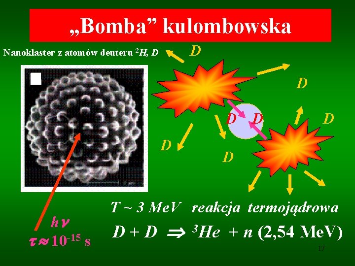 „Bomba” kulombowska D Nanoklaster z atomów deuteru 2 H, D D D h 10