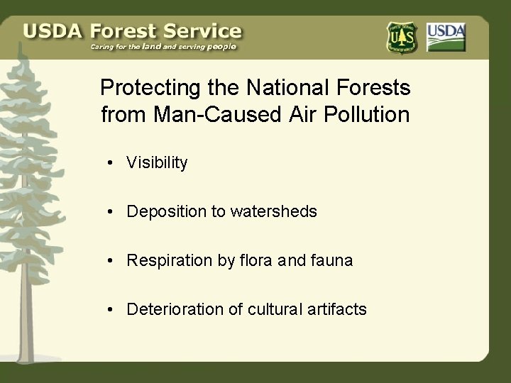 Protecting the National Forests from Man-Caused Air Pollution • Visibility • Deposition to watersheds