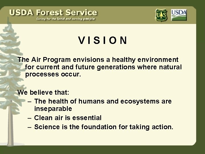 VISION The Air Program envisions a healthy environment for current and future generations where