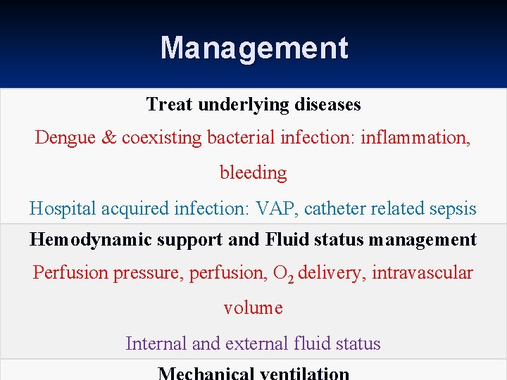 Management Treat underlying diseases Dengue & coexisting bacterial infection: inflammation, bleeding Hospital acquired infection: