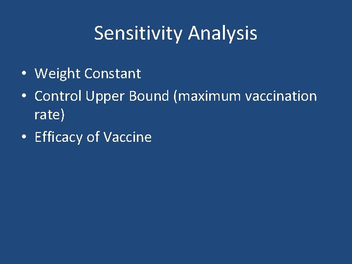 Sensitivity Analysis • Weight Constant • Control Upper Bound (maximum vaccination rate) • Efficacy